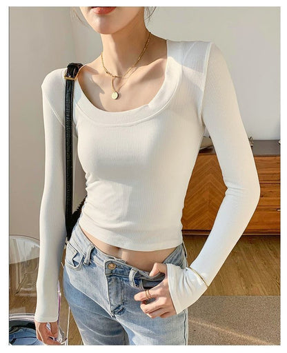 Neck Long-Sleeve T-Shirt Plain Scoop