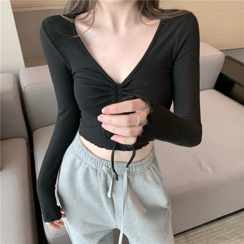 T-Shirt Crop V-Neck Long-Sleeve Drawstring Plain