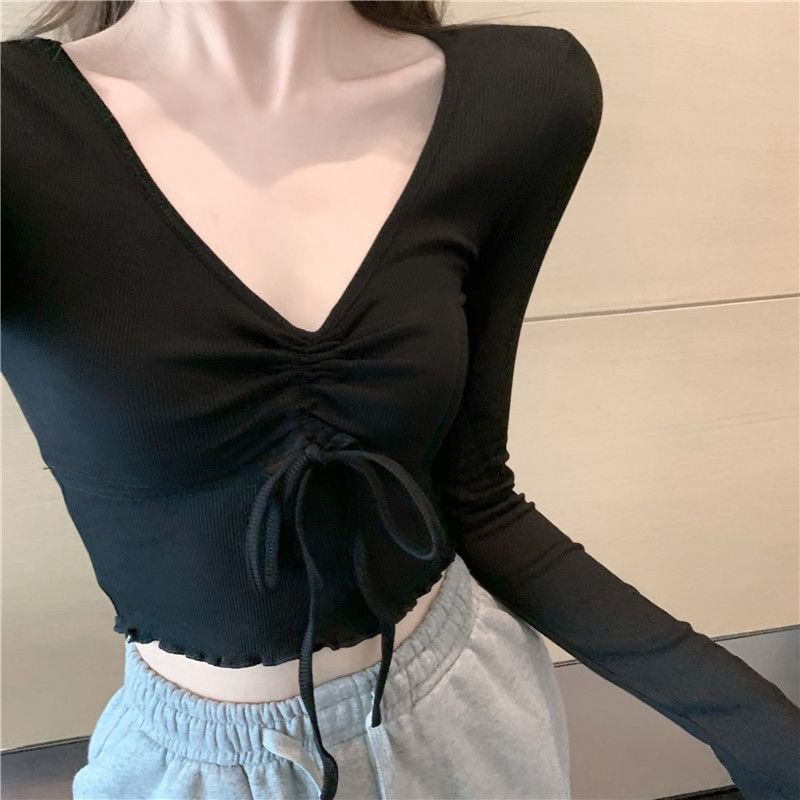 T-Shirt Crop V-Neck Long-Sleeve Drawstring Plain