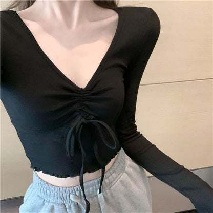 T-Shirt Crop V-Neck Long-Sleeve Drawstring Plain