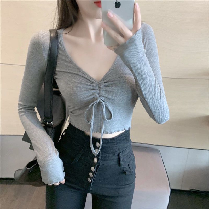 T-Shirt Crop V-Neck Long-Sleeve Drawstring Plain