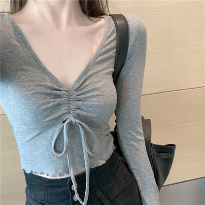 T-Shirt Crop V-Neck Long-Sleeve Drawstring Plain