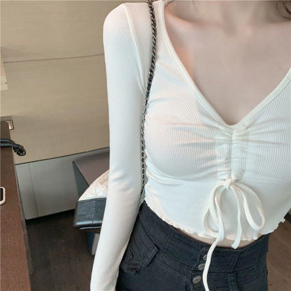 T-Shirt Crop V-Neck Long-Sleeve Drawstring Plain