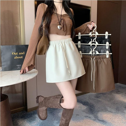 Drawstring Mini Leather Skirt Waist A-Line Faux Plain