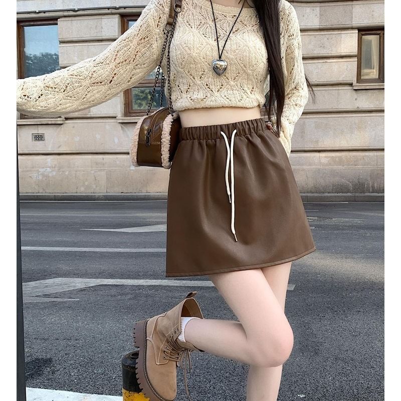 Drawstring Mini Leather Skirt Waist A-Line Faux Plain