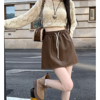 Drawstring Mini Leather Skirt Waist A-Line Faux Plain