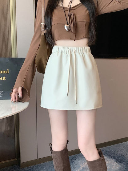 Drawstring Mini Leather Skirt Waist A-Line Faux Plain