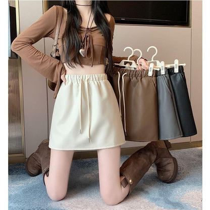 Drawstring Mini Leather Skirt Waist A-Line Faux Plain