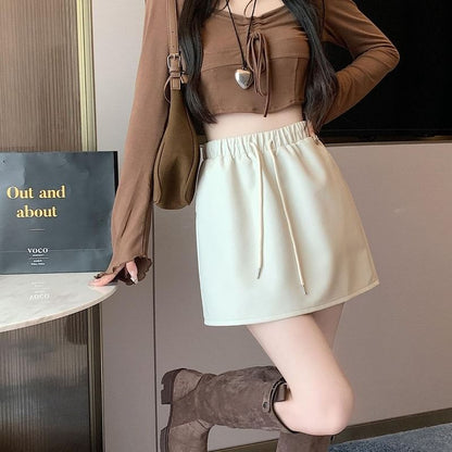Drawstring Mini Leather Skirt Waist A-Line Faux Plain