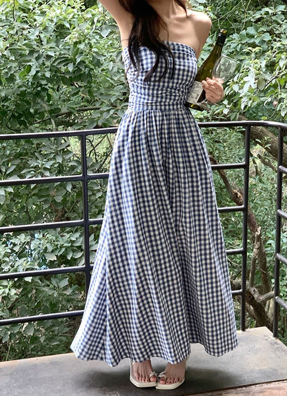 Plaid Ruched Maxi A-Line Tube Dress