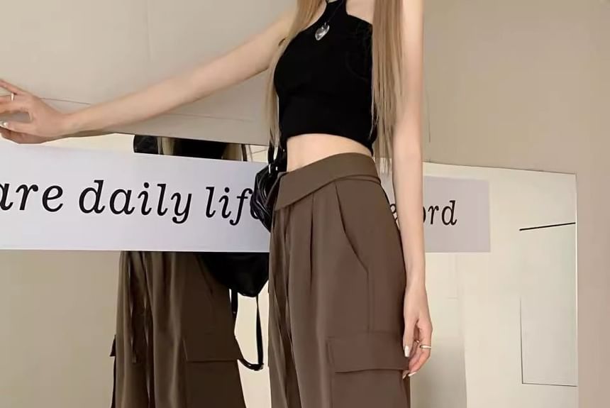 High Waist Folded Waistline Plain Pocket Straight-Fit Wide-Leg Cargo Pants