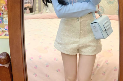High Waist Plain Hot Pants / Square Neck Contrast Trim Cropped Cardigan