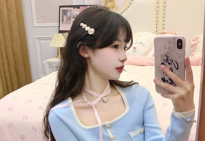 High Waist Plain Hot Pants / Square Neck Contrast Trim Cropped Cardigan