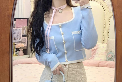 High Waist Plain Hot Pants / Square Neck Contrast Trim Cropped Cardigan