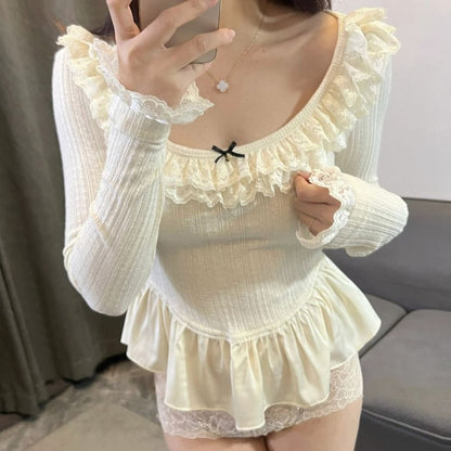 Long-Sleeve Scoop Neck Plain Lace Trim T-Shirt