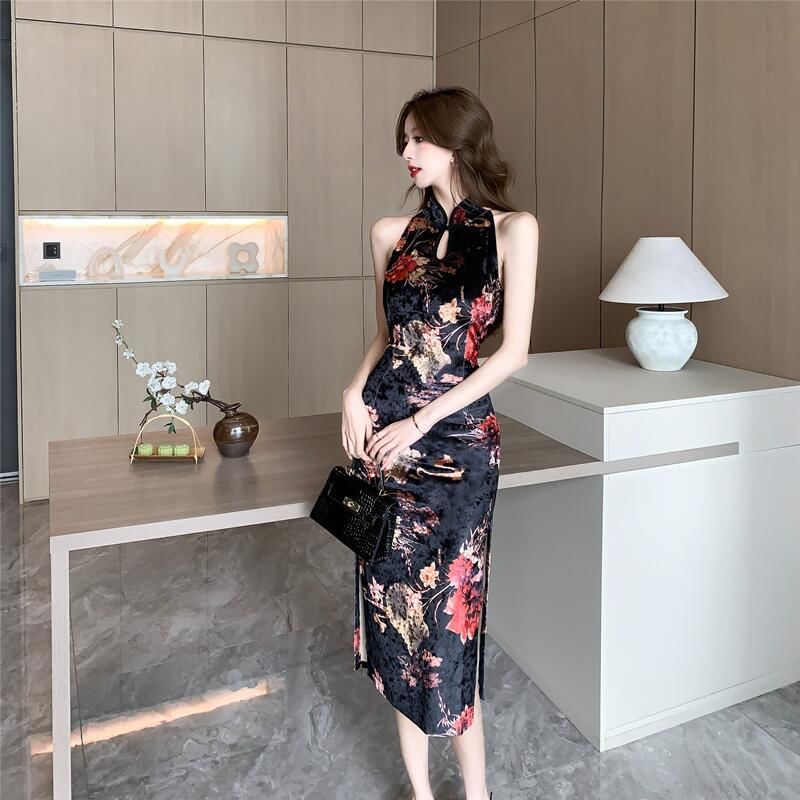 Halter-Neck Floral Print Midi Qipao