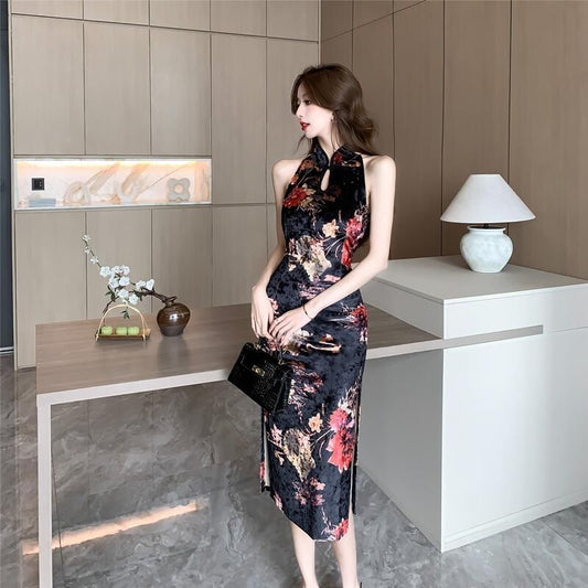 Halter-Neck Floral Print Midi Qipao