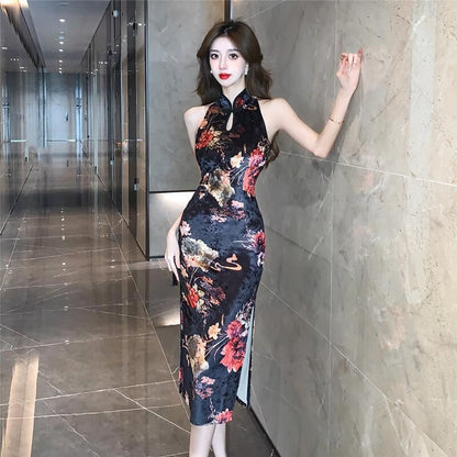 Halter-Neck Floral Print Midi Qipao