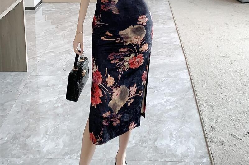 Halter-Neck Floral Print Midi Qipao