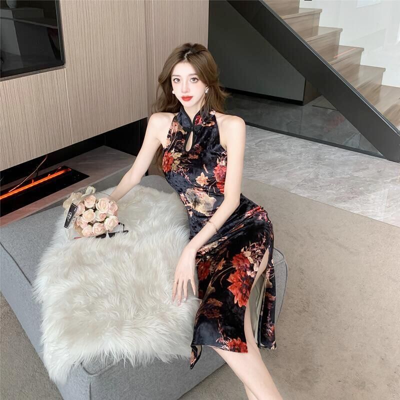 Halter-Neck Floral Print Midi Qipao