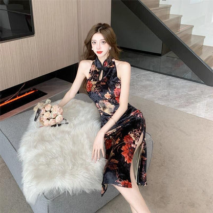 Halter-Neck Floral Print Midi Qipao