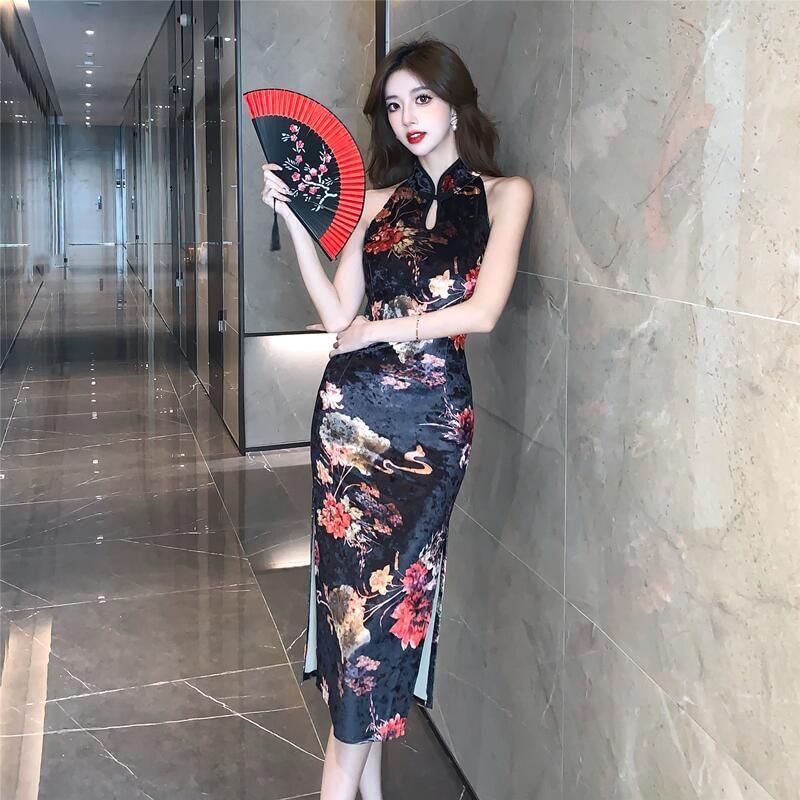 Halter-Neck Floral Print Midi Qipao