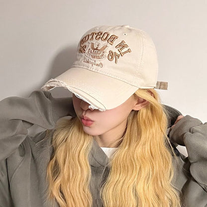 Lettering Embroidered Cap Distressed Baseball