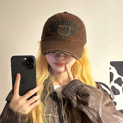 Lettering Embroidered Cap Distressed Baseball