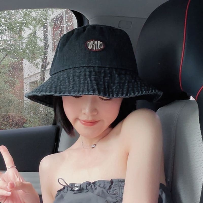 Lettering Applique Washed Denim Bucket Hat