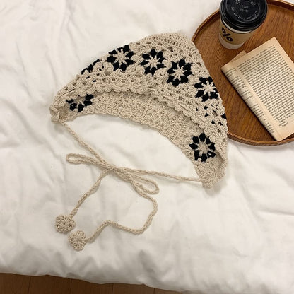 Floral Crochet Knit Bonnet Hat