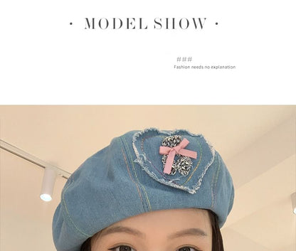 Rhinestone Bow Heart Applique Denim Beret