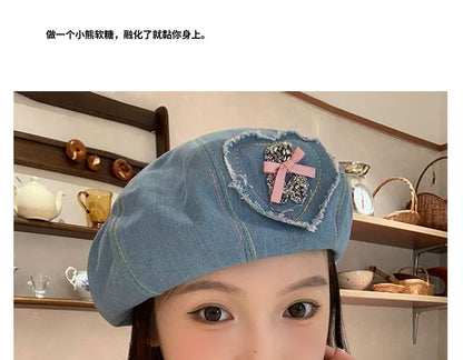 Rhinestone Bow Heart Applique Denim Beret