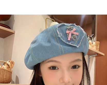 Rhinestone Bow Heart Applique Denim Beret