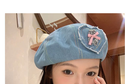 Rhinestone Bow Heart Applique Denim Beret