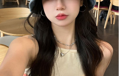 Heart Print Washed Denim Bucket hat