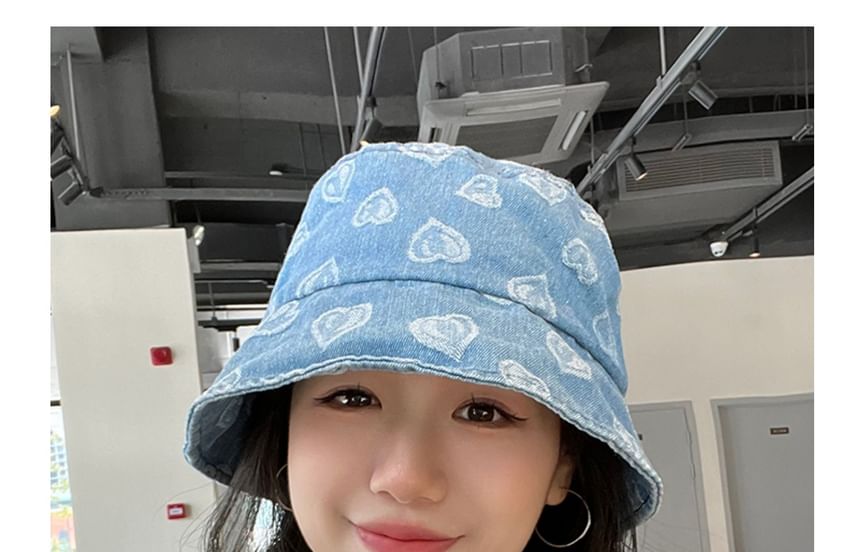 Heart Print Washed Denim Bucket hat