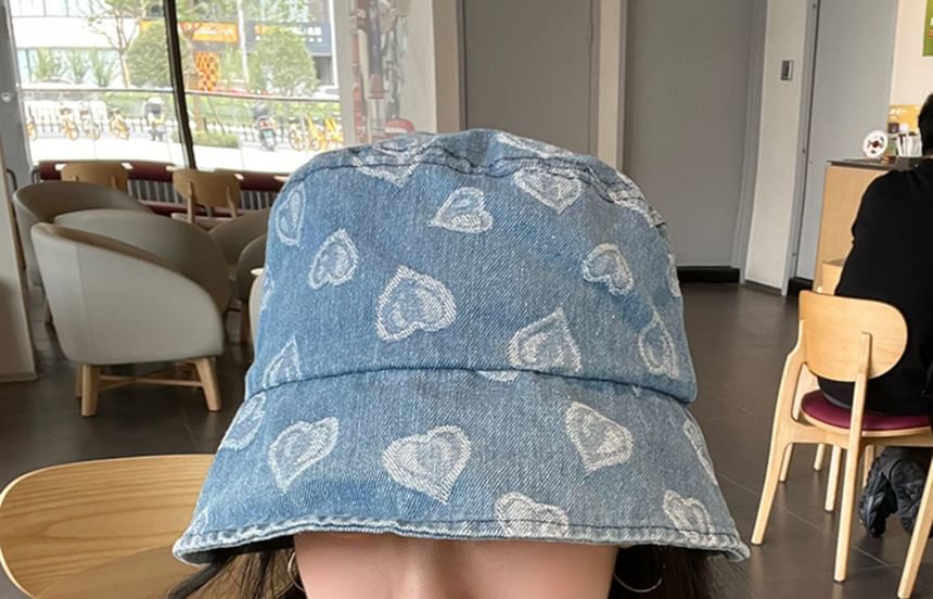 Heart Print Washed Denim Bucket hat