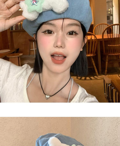 Bone Accent Washed Denim Beret