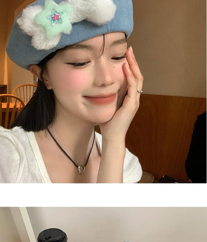 Bone Accent Washed Denim Beret