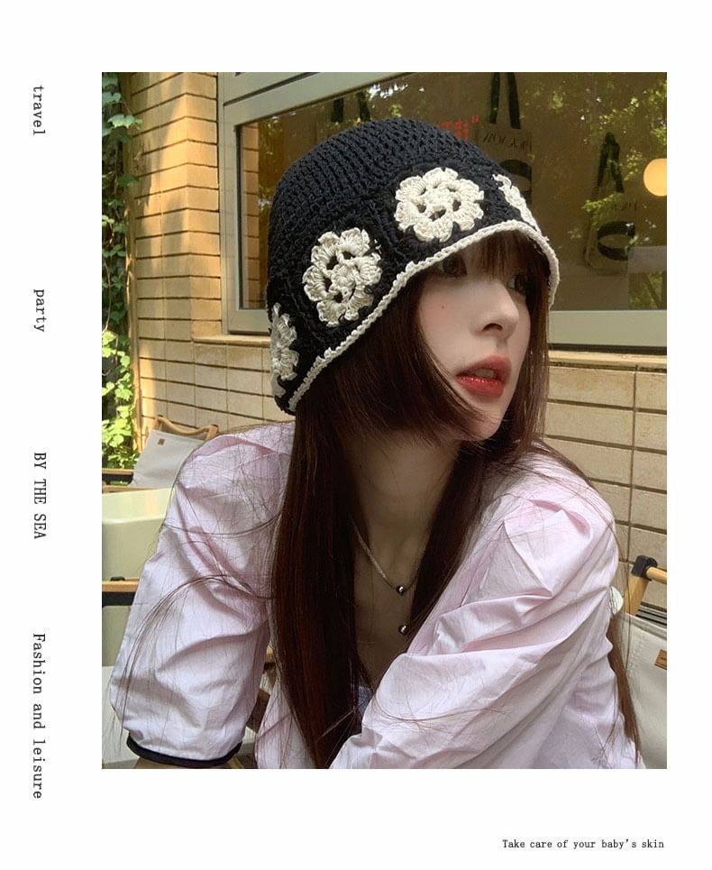 Floral Crochet Knit Cloche Hat