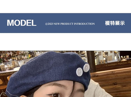Button Accent Washed Denim Beret