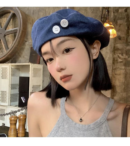 Button Accent Washed Denim Beret