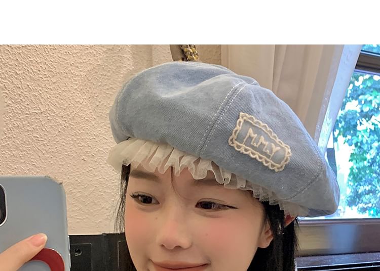 Lettering Applique Mesh Panel Denim Beret