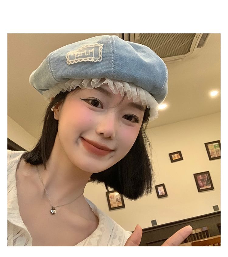 Lettering Applique Mesh Panel Denim Beret