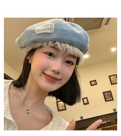 Lettering Applique Mesh Panel Denim Beret