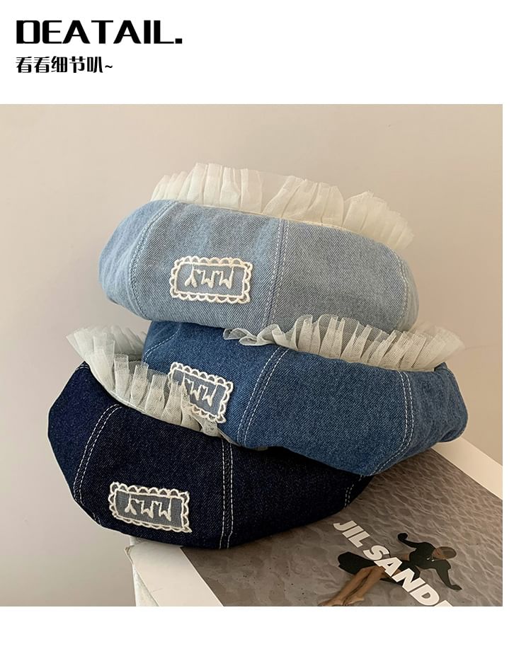 Lettering Applique Mesh Panel Denim Beret
