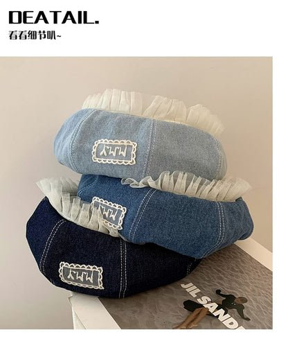 Lettering Applique Mesh Panel Denim Beret