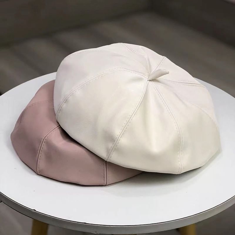 Plain Faux Leather Beret