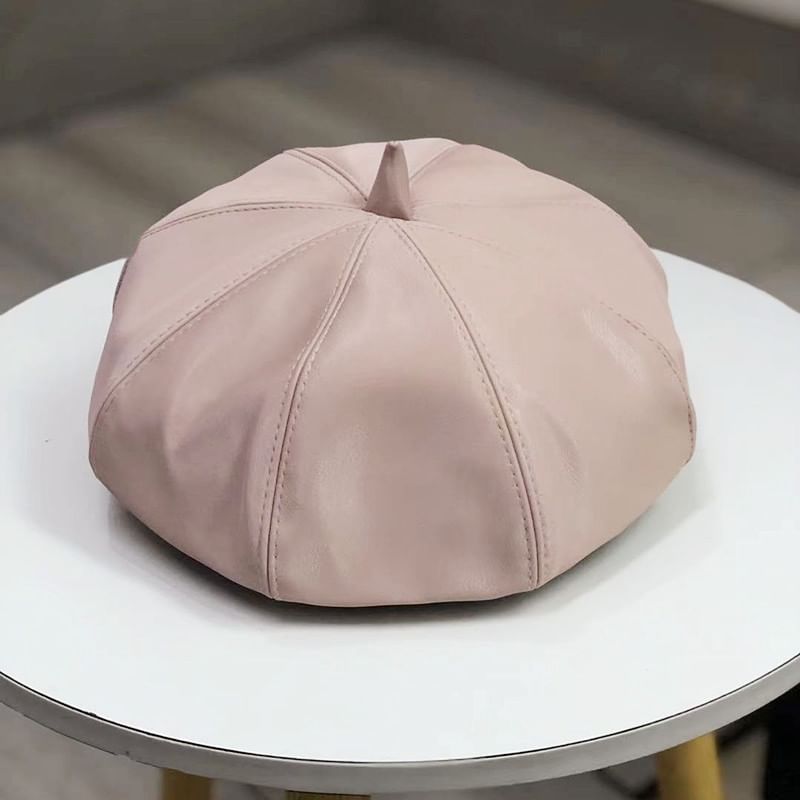 Plain Faux Leather Beret