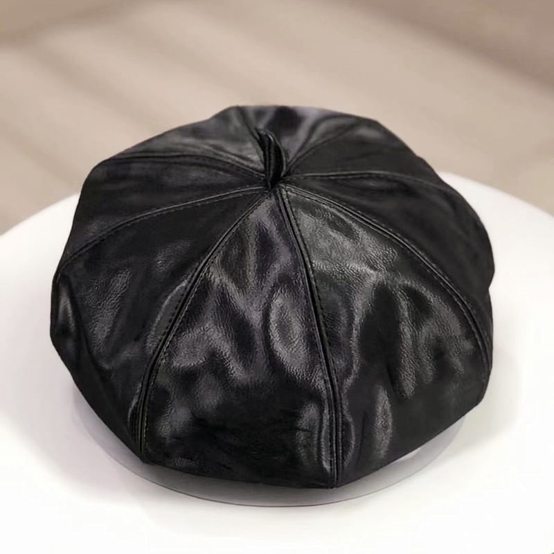 Plain Faux Leather Beret